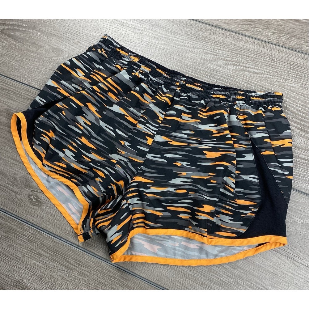 Nike Women's Dri Fit Camo Lined Athletic Running Shorts Black Orange Size Medium